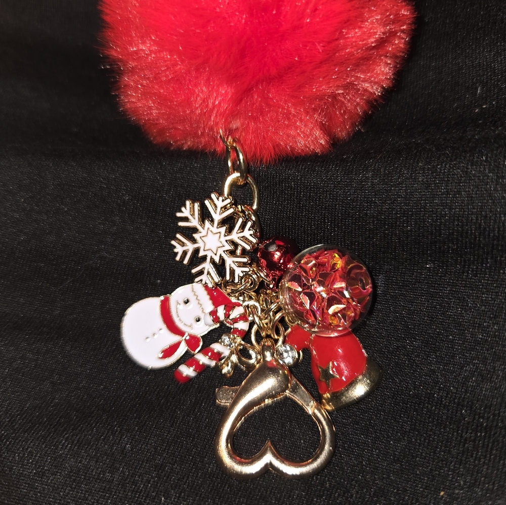 Red Pom Pom Keychain with Snowman Charm NWOT - Picture 4 of 6